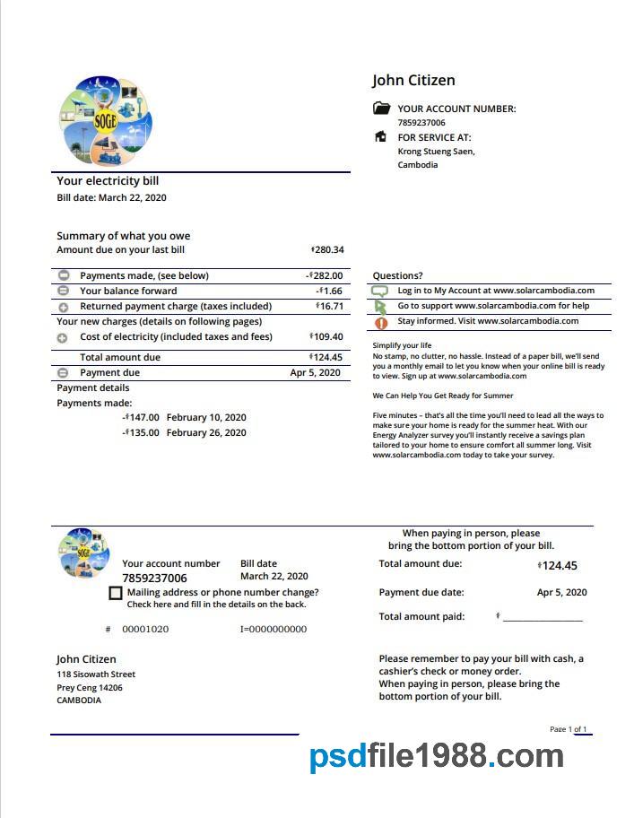 Cambodia Solar Green Energy Cambodia Co Utility Bill